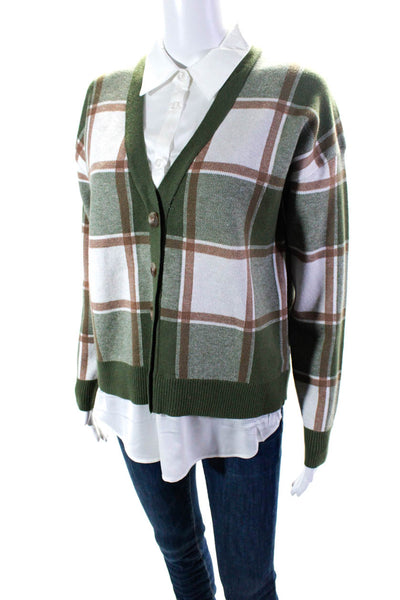 Rachel Zoe Womens Knit Plaid V-Neck 2 in 1 Blouse Cardigan Sweater Green Size M