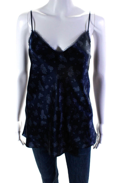 Vince Womens Spaghetti Strap Fringe Floral Silk Cami Tank Top Navy Blue Medium