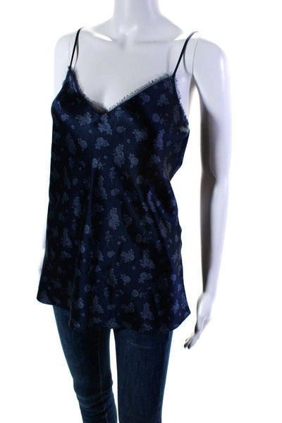 Vince Womens Spaghetti Strap Fringe Floral Silk Cami Tank Top Navy Blue Medium