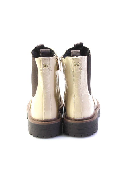 Sam Edelman Womens Side Zip Block Heel Ankle Boots Beige Patent Leather Size 4