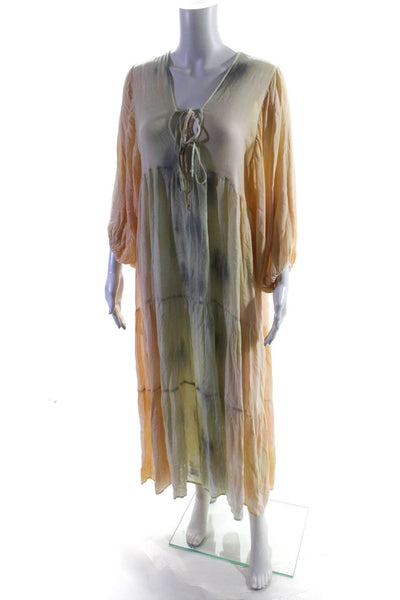 Young Fabulous & Broke Womens V-Neck 3/4 Sleeve Tie Dye Tiered Maxi Dress Size X