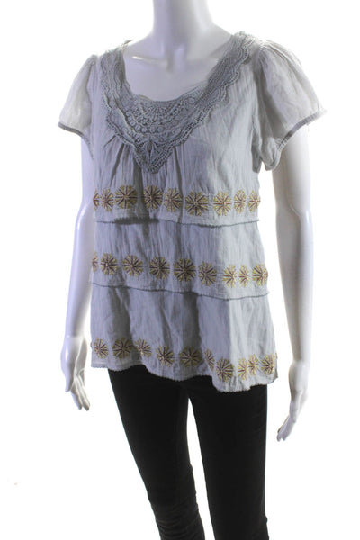Floreat Women's Round Neck Short Sleeves Embroidered Ruffle Blouse Gray Size 2