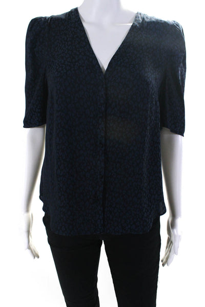 1 State Womens Animal Print V-Neck Short Sleeve Button-Up Blouse Blue Size S