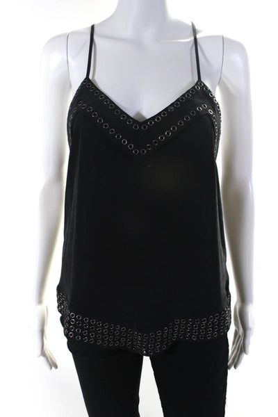 Rory Beca Womens Silk Embellished V-Neck Sleeveless Blouse Top Black Size Small