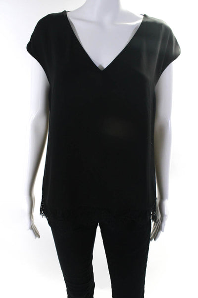 Parker Womens Woven Lace V-Neck Short Sleeve Blouse Top Black Size Small