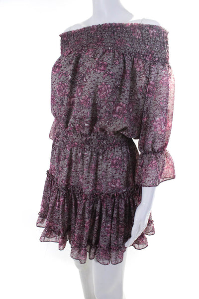 Misa Womens Floral Off the Shoulder Long Sleeve Tiered A-Line Dress Purple SizeL