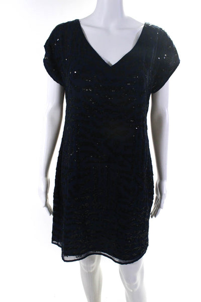 Trina Turk Womens Sequined Short Sleeve Knee Length Shift Dress Blue Size 2