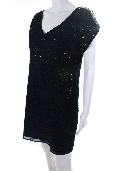 Trina Turk Womens Sequined Short Sleeve Knee Length Shift Dress Blue Size 2