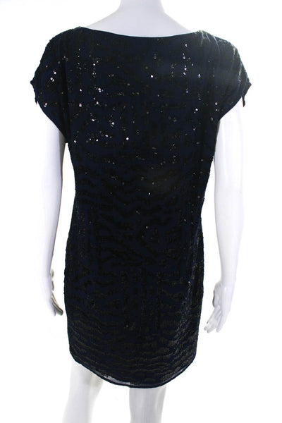 Trina Turk Womens Sequined Short Sleeve Knee Length Shift Dress Blue Size 2