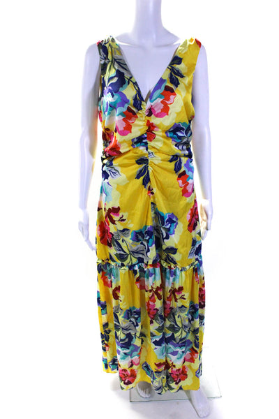 Boston Proper Womens Ruched Satin Floral V Neck Drop Waist Dress Yellow Size 10