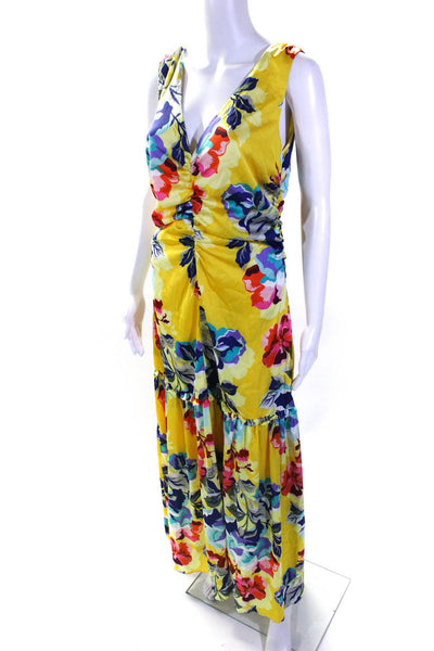 Boston Proper Womens Ruched Satin Floral V Neck Drop Waist Dress Yellow Size 10