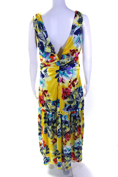 Boston Proper Womens Ruched Satin Floral V Neck Drop Waist Dress Yellow Size 10