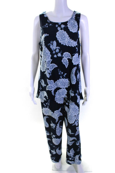 Boston Proper Womens Sleeveless Paisley Top Wide Leg Pants Set Navy Size Medium