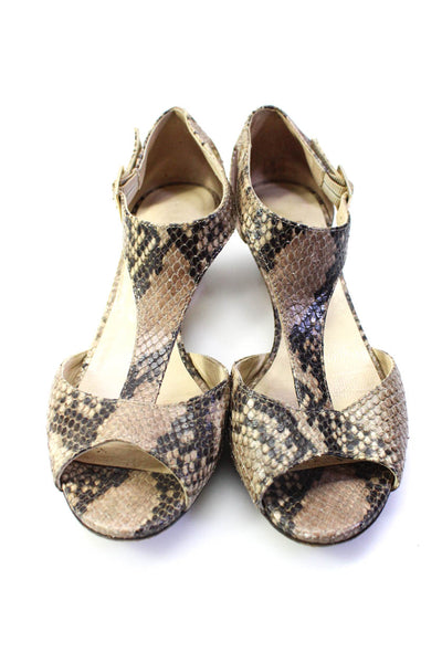 Jimmy Choo Womens Snakeskin Print Peep Toe T-Strap Sandals Beige Size 7.5US 37.5