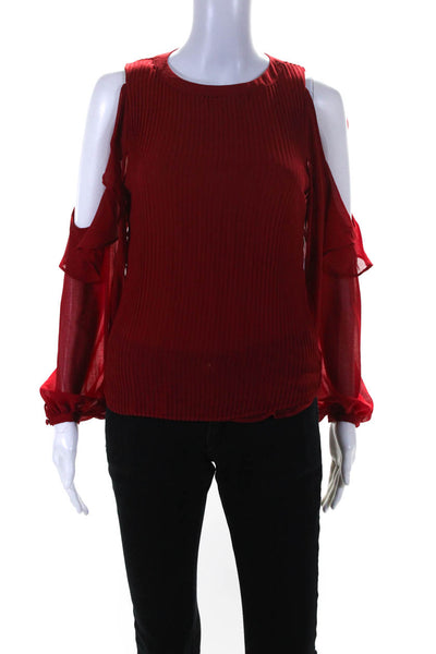 1. State Women's Long Sleeve Pleated Ruffle Cold Shoulder Blouse Red XS