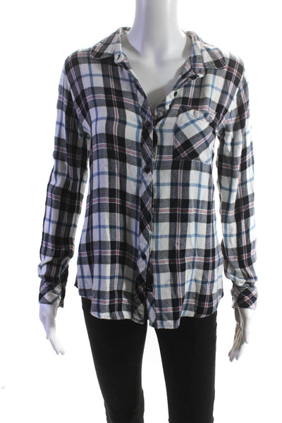 Rails Womens Plaid Long Sleeved Collared Button Down Shirt White Blue Size XS