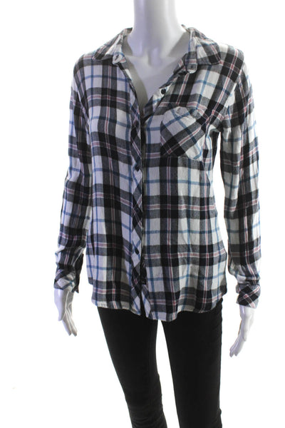 Rails Womens Plaid Long Sleeved Collared Button Down Shirt White Blue Size XS