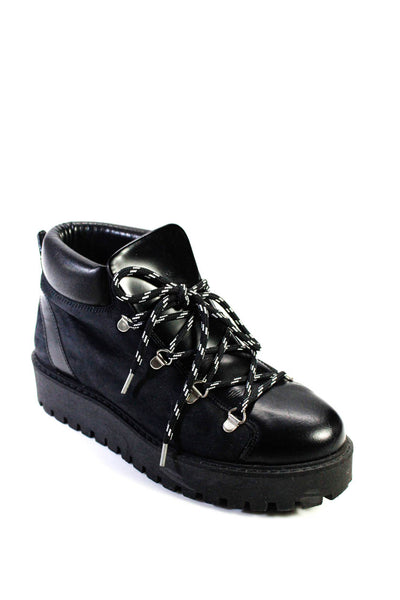 Ganni Women's Leather Trim Nubuck Platform Lace Up Ankle Boots Black Size 8