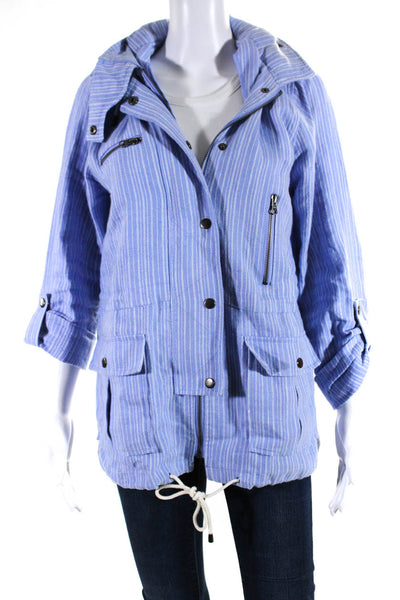 Joie Women's Linen Striped Full Zip Long Sleeve Anorak Jacket Blue Size M