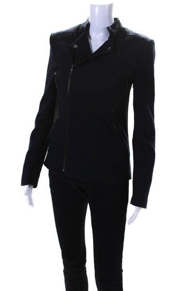 BCBGMAXAZRIA Womens Long Sleeve Front Zip Crew Neck Jacket Navy Blue Size XS