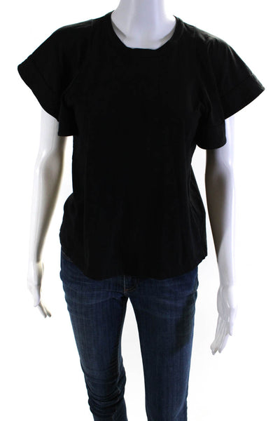 A.L.C. Womens Cotton Round Neck Short Ruffle Sleeve T-Shirt Top Black Size XS