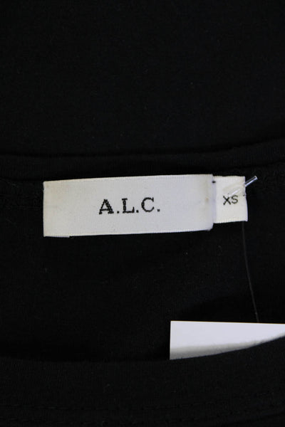 A.L.C. Womens Cotton Round Neck Short Ruffle Sleeve T-Shirt Top Black Size XS
