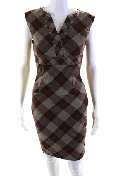Ted Baker Womens Plaid Sleeveless V Neck Sheath Dress Red Brown Size 0
