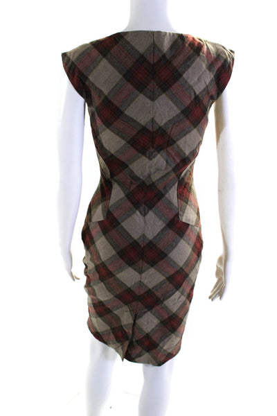 Ted Baker Womens Plaid Sleeveless V Neck Sheath Dress Red Brown Size 0