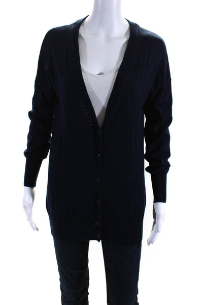 Trina Turk Womens 100% Merino Wool V Neck Buttoned Cardigan Navy Blue Size L