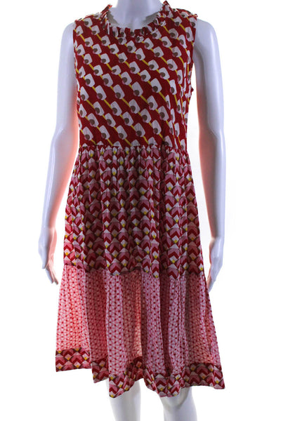 Ro's Garden Womens Abstract Print Pleated Trim Sleeveless Midi Dress Red Size S