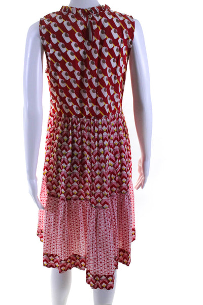 Ro's Garden Womens Abstract Print Pleated Trim Sleeveless Midi Dress Red Size S