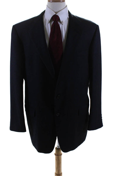 Gieves & Hawkes Mens Navy Blue Wool Plaid Two Button Long Sleeve Blazer Size 44R