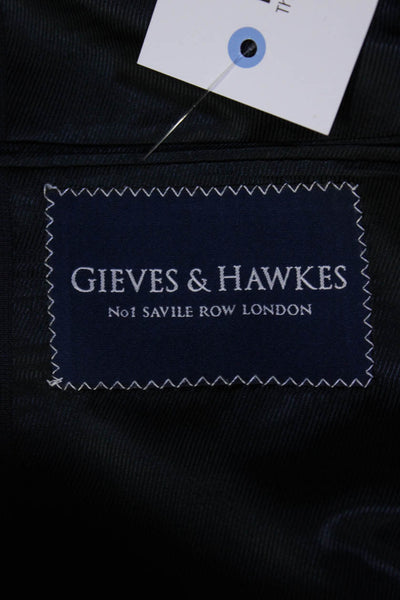 Gieves & Hawkes Mens Navy Blue Wool Plaid Two Button Long Sleeve Blazer Size 44R