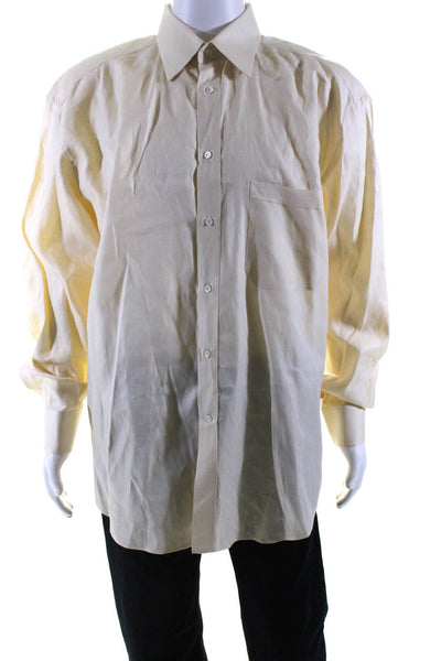 Canali Mens Cream Cotton Button Down Long Sleeve Dress Shirt Size 17.5