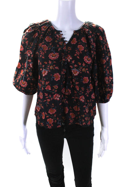 The Great Womens Cotton Floral Print 3/4 Sleeve Button Up Blouse Black Size 1