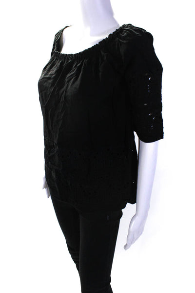 Drew Womens Embroidered Textured Off-the-Shoulder Blouse Top Black Size M