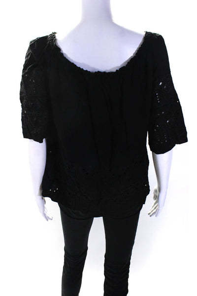 Drew Womens Embroidered Textured Off-the-Shoulder Blouse Top Black Size M