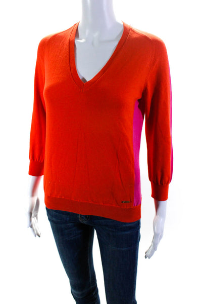 Dsquared2 Womens Wool Knit Two Tone V-Neck Long Sleeve Sweater Orange Size M