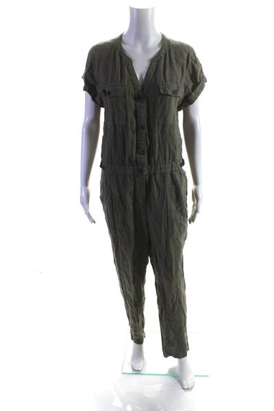 Michael Stars Womens Woven Button Up V-Neck Slim Cut Jumpsuit Green Size S