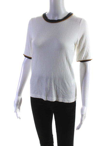ALC Womens Ribbed Knit Crew Neck Short Sleeve Blouse Top Tee White Size L