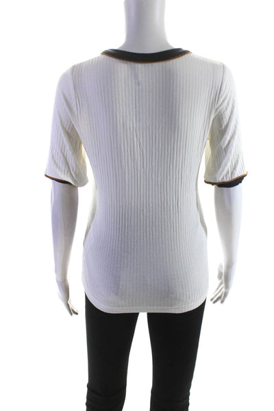 ALC Womens Ribbed Knit Crew Neck Short Sleeve Blouse Top Tee White Size L