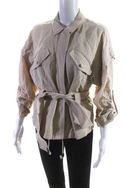Intermix Womens Woven Collared Zip Up Button Up Belted Jacket Beige Size 4