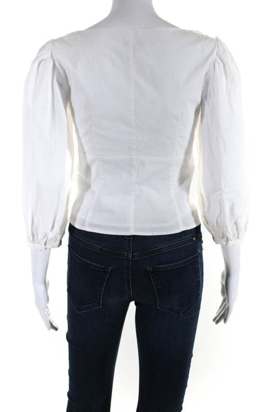 Staud Womens Puffy Long Sleeves Square Neck Cropped Blouse White Cotton Size 2