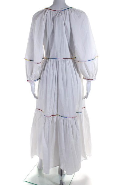 Staud Womens Rainbow Piping Puff Sleeve Midi A Line Popover Dress White Size XS