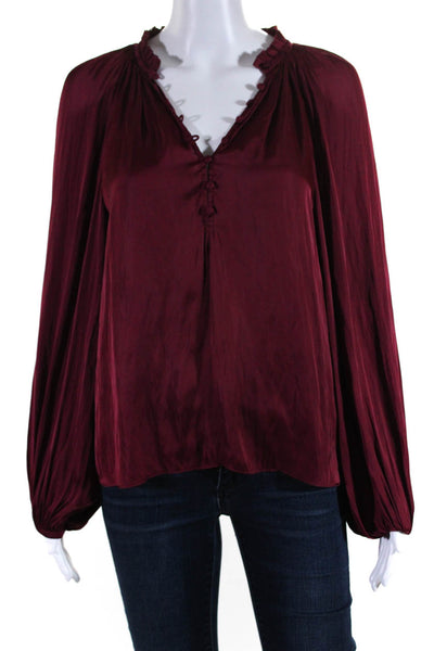 Intermix Womens Half Buttoned Pleated High Neck Long Sleeved Blouse Red Size S