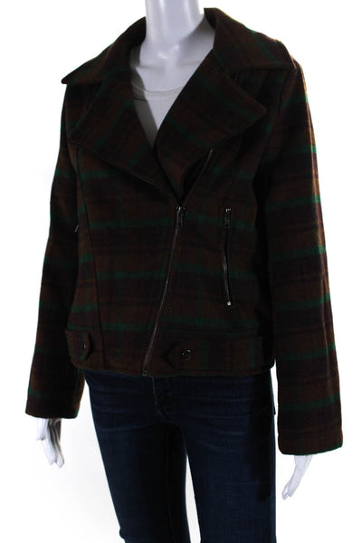 Olivaceous Womens Plaid Woven Zippered Motorcycle Jacket Brown Green Size M