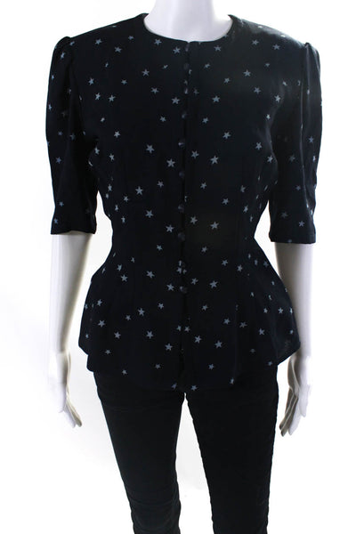 Scherrer Boutique Womens Short Sleeve Button Front Star Top Navy Blue Size FR 38