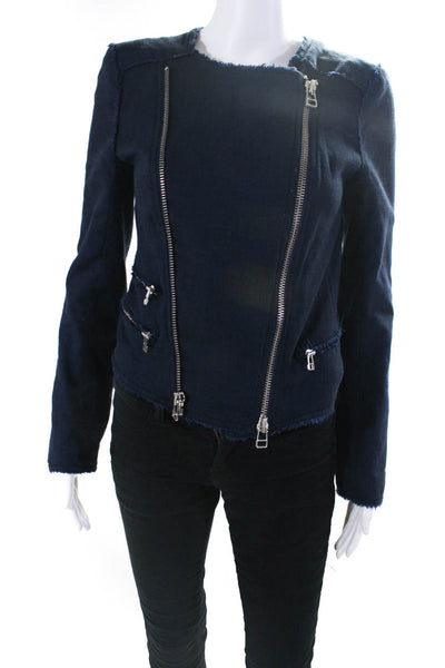 Veronica Beard Womens Double Front Zip Crew Neck Fringe Woven Jacket Navy Size 2