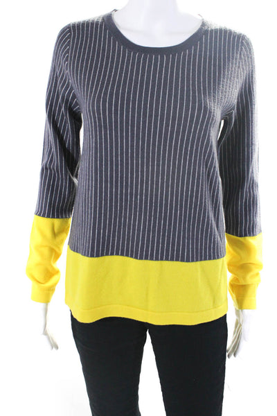 Lisa Perry Womens Pinstriped Crew Neck Merino Wool Sweater Gray Yellow Medium