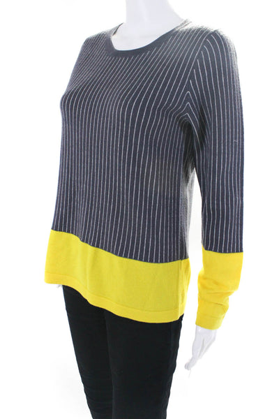 Lisa Perry Womens Pinstriped Crew Neck Merino Wool Sweater Gray Yellow Medium